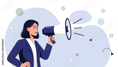 Professional woman in a blue suit speaking loudly into a megaphone to make an important announcement or speech.