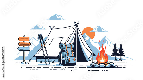 Scenic camping site with a white tent a warm campfire mountains and hiking equipment on a white background.