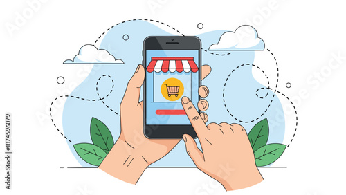 Close up of a person holding a smartphone and using a finger to tap on an online shopping cart icon on the screen.