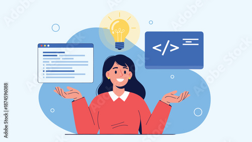 Happy young woman programmer with floating code windows and a lightbulb representing a brilliant coding idea.