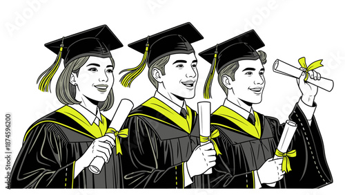 Three graduates celebrating academic achievement with diplomas