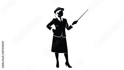 Silhouette of a professional woman in a business suit holding a pointer stick against a white background for educational or presentation use.
