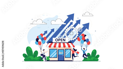 Joyful people celebrating the grand opening of a new retail store with balloons and blue growth arrows representing business success.