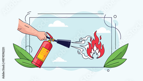 Hand using a red fire extinguisher to spray foam onto a burning flame to demonstrate fire safety and emergency response procedures in flat style.