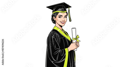 Young woman in graduation gown and cap holding diploma certificate