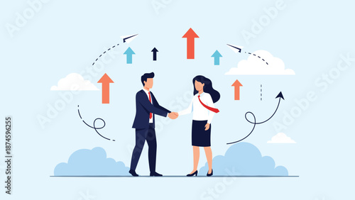 Two business professionals shaking hands to seal a deal against a blue sky with clouds and rising arrows symbolizing partnership and growth.