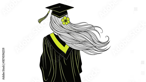 Graduate woman in black gown with green accents and flowers