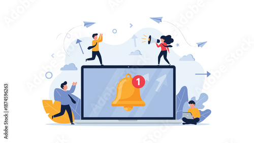 Tiny people interacting with a large laptop computer featuring a golden notification bell icon for new message alerts and digital communication.