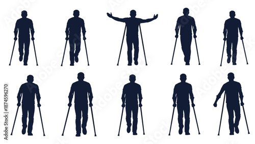 Collection of male silhouettes walking with crutches in different poses to illustrate various stages of physical rehabilitation and mobility.