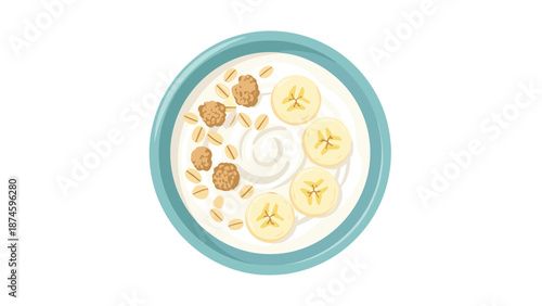 Overhead view of a delicious bowl of creamy yogurt adorned with perfectly sliced bananas and wholesome granola, a delightful and healthy breakfast.