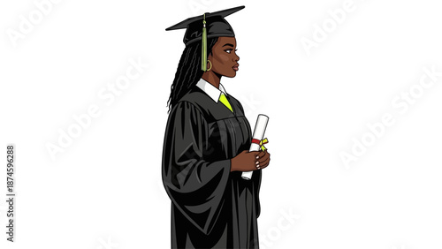 Proud young woman in graduation gown holding diploma