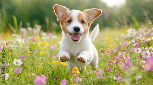 Cute puppy happy dog running pet spring meadow wildflower field green grass sunny day playful animal joyful expression small dog