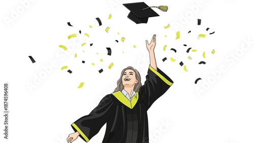 Woman in graduation gown throwing cap in celebration