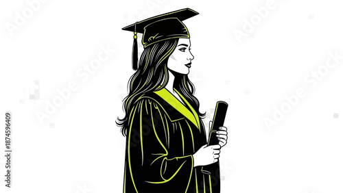Young woman in graduation gown and cap holding diploma proudly