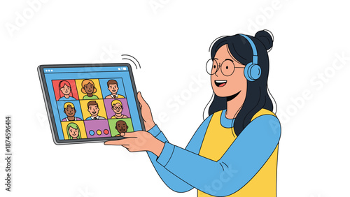 Happy woman wearing headphones and glasses while using a tablet for a video conference call with multiple people in a modern digital workspace.