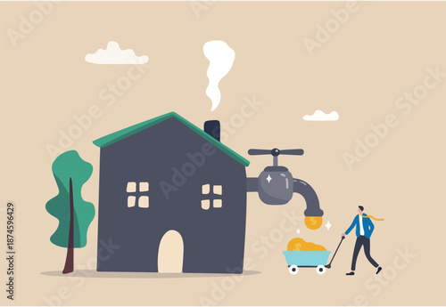 Make money from house rent or sale, real estate or property investment, housing revenue or profit earning, residential concept, rich businessman get money profit from faucet flow from house rental.