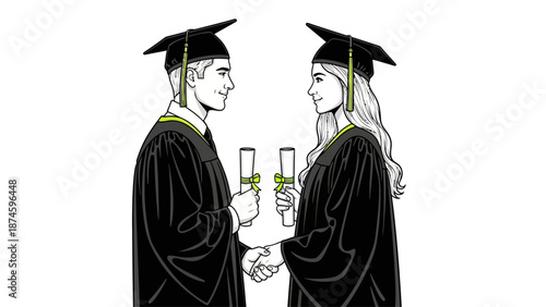 Graduates shaking hands with diplomas in graduation gowns