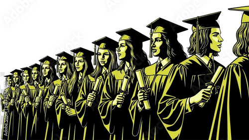 Graduates in caps and gowns standing in line with diplomas