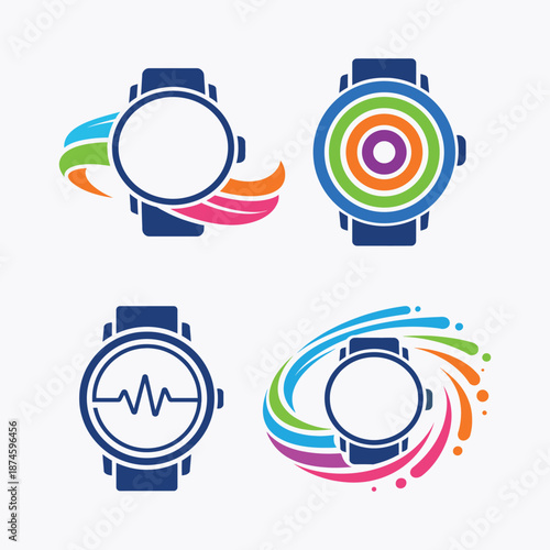 Set of creative smartwatch logos displaying health data fitness tracking and wearable technology concepts