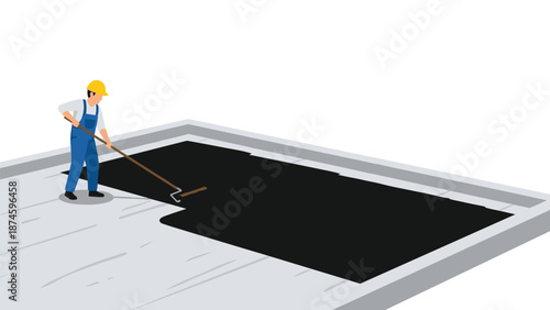 Construction worker in a hard hat and overalls applying a protective black coating with a roller on a flat surface, illustrating waterproofing or paving work.