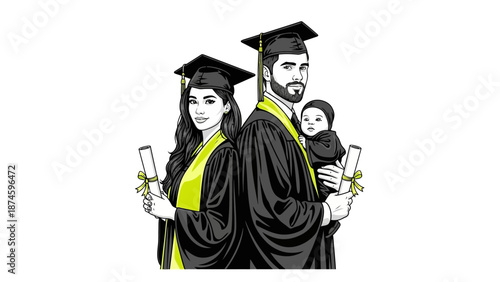 Young graduates with baby celebrating academic achievement together