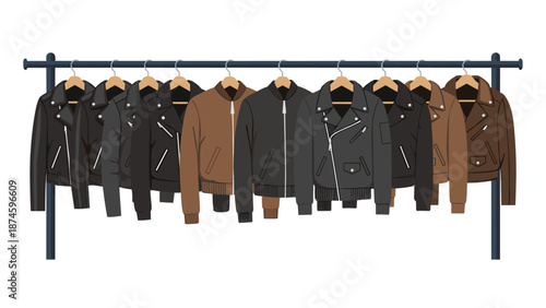 Collection of stylish men's leather jackets in various dark shades of black and brown, neatly displayed on a clothing rack for selection.