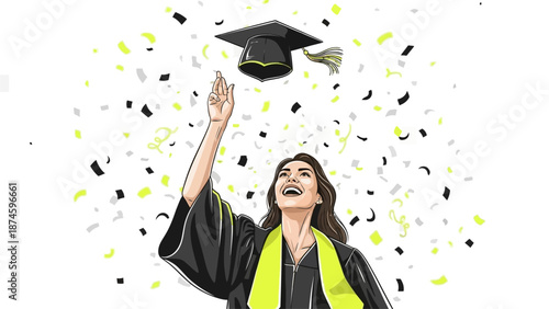 Young woman celebrating graduation with tossed cap and confetti