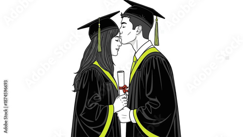 Young couple sharing romantic kiss in graduation gowns