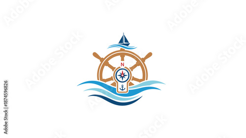 Intricate nautical emblem featuring a ship's wheel, compass, anchor, and stylized waves, representing maritime exploration, adventure, and guidance.
