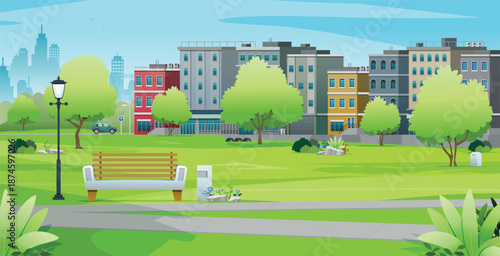 Pedestrian benches in an urban park surrounded by buildings and parking lots.