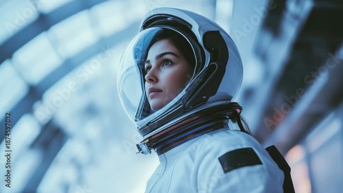 Female astronaut in a space station.