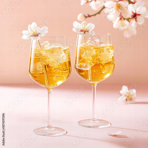 Spring cocktail floral drink iced beverage wine glass golden liquid pastel background blossom flower romantic mood Refreshing spring cocktail with