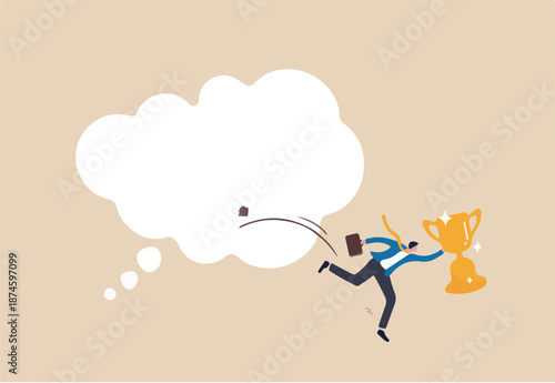 Turn dream to reality, creative or imagination to be success, aspiration, motivation to think big and achieve business goal concept, businessman with success trophy jump from think bubble to reality.