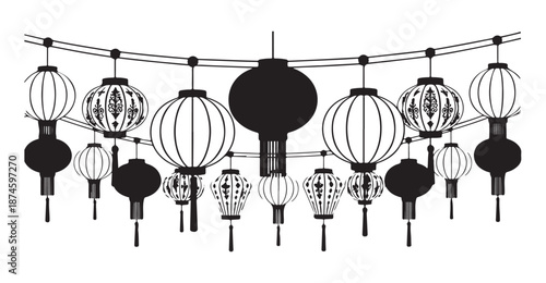 Garland of hanging chinese lanterns decorative set mixed silhouette and outline for holiday celebration background