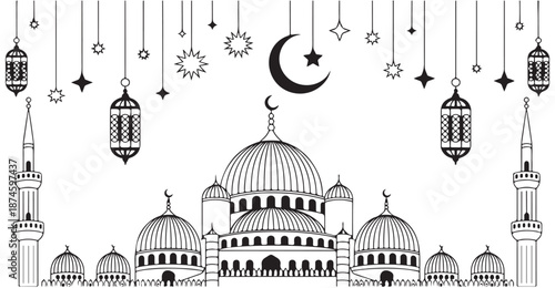 Ramadan kareem mosque line art background with hanging lanterns and stars for eid greeting