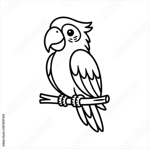 Cartoon parrot on a branch line drawing bird outline