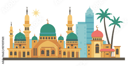 Modern arabian city skyline vector illustration with mosques palm trees and skyscrapers