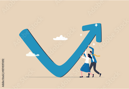 Economic recovery, bouncing from crisis or company return from loss to make profit, growth and success, business challenge in recession, business people help push falling arrow to rising up direction.