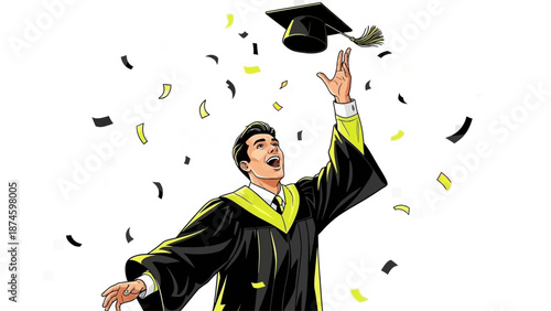 Young man celebrating graduation with tossed mortarboard