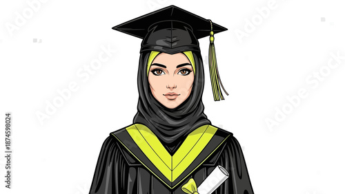Confident Muslim young woman in graduation gown and cap smiling