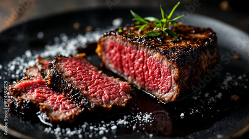 Plated dry-aged wagyu ribeye with medium-rare slices and moody steakhouse light