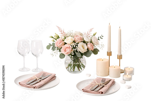 Elegant Valentine’s Day table decoration with flowers and candles on transparent background. Romantic interior setup. Love concept.
