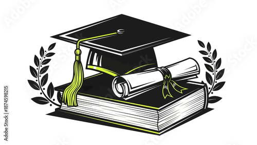 Graduation cap and diploma on books with laurel wreath