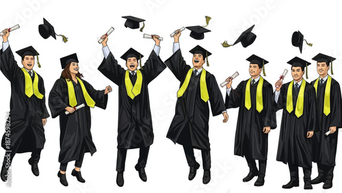 Happy graduates celebrating with diplomas and caps in the air