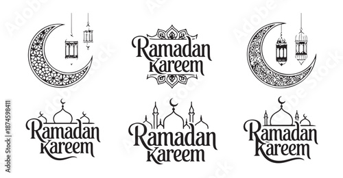 Ramadan Kareem typography designs with crescent moon lanterns and mosque silhouettes
