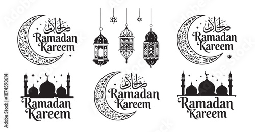 Ramadan kareem logo set with decorative crescent moons hanging lanterns and mosque silhouettes
