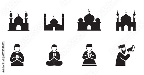Islamic culture icon set with mosque silhouettes and praying people symbols for ramadan kareem
