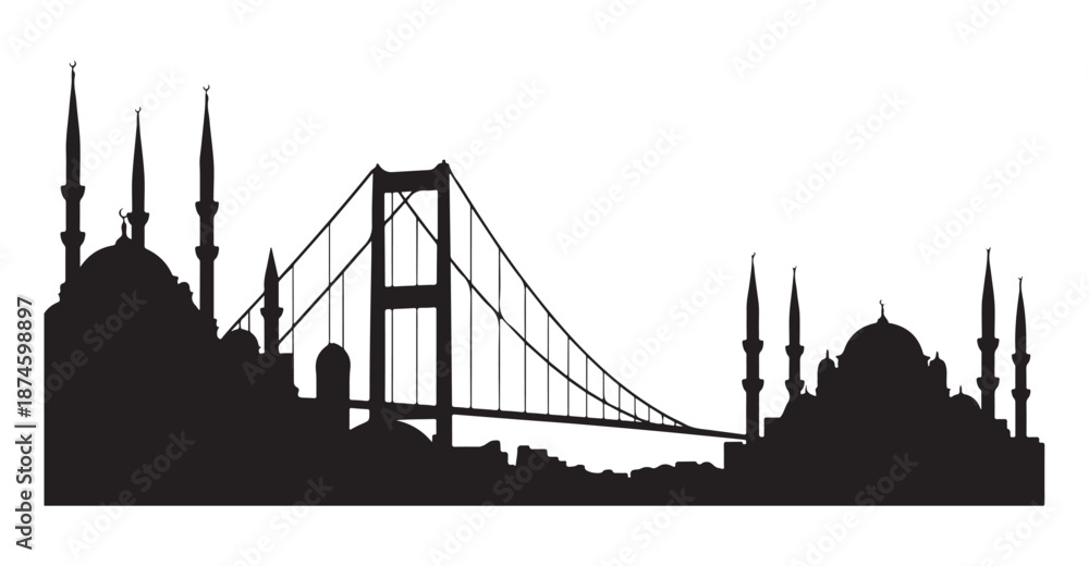 Obraz premium Istanbul skyline silhouette with Bosphorus bridge and historical mosque architecture