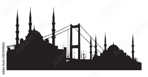 Istanbul bosphorus bridge and mosque silhouette illustration representing turkish landmarks