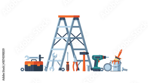 Comprehensive assortment of construction and renovation tools, including a ladder, toolbox, power drill, and paint can, ideal for various building projects.